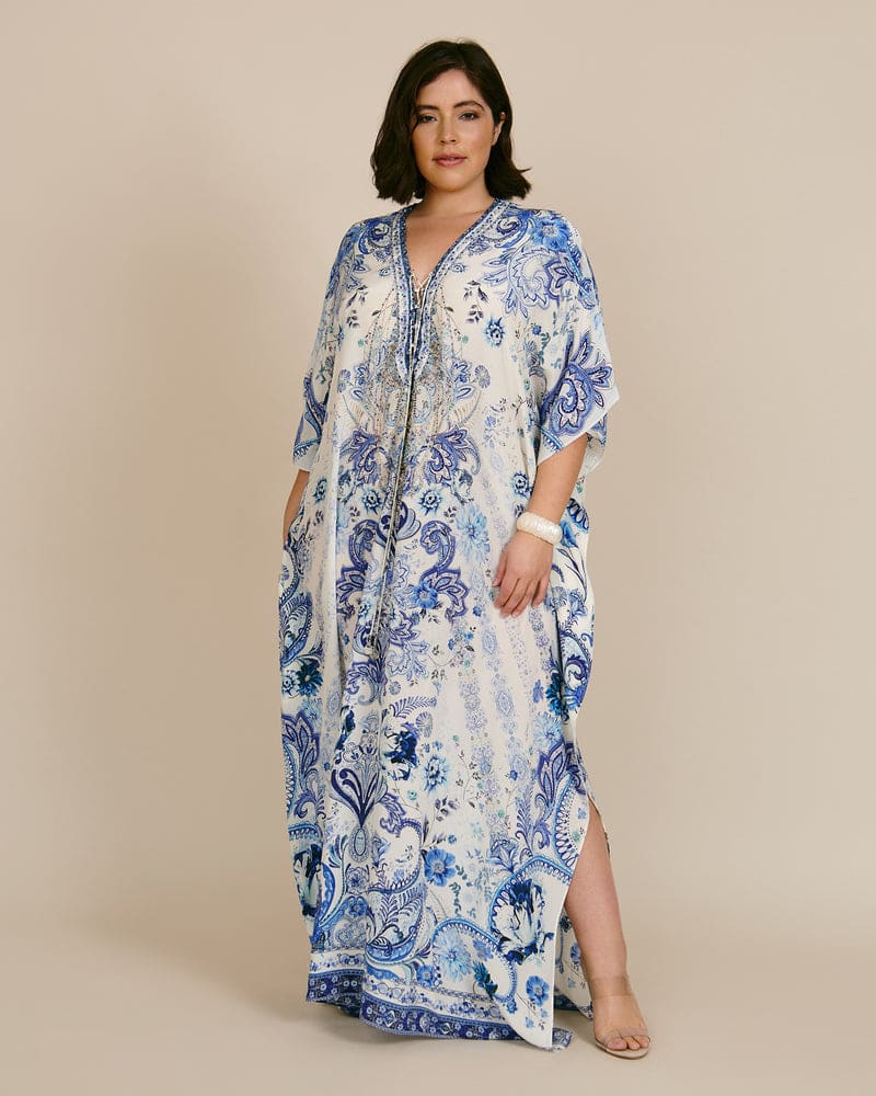 Front of a model wearing a size O/S Lace Up Kaftan in Light Blue by Camilla. | dia_product_style_image_id:230160